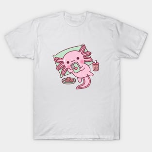 Cute Axolotl Chilling With Handphone Boba Tea And Cookies T-Shirt